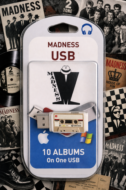 Madness USB 10 albums on one USB flash drive in its retail blister packaging, displayed against a collage background of band posters and album art.