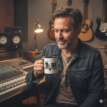Man holding a mug with 'Ska' design in a music studio