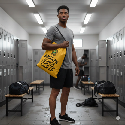 Man holding a yellow bag with text in a locker room