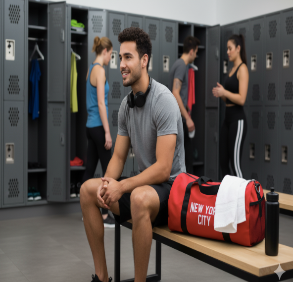 Man sitting in a locker room with a red duffel bag labeled 'New York City'.
