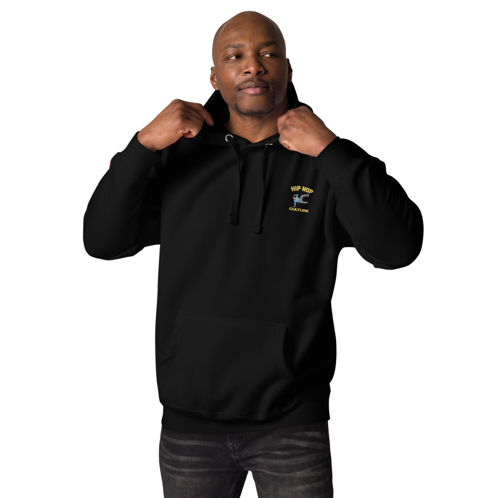 Man wearing a black hoodie with a logo on a white background
