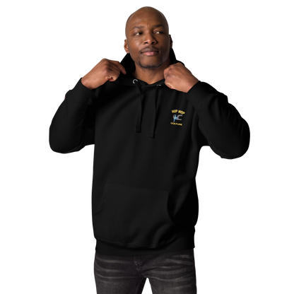 Man wearing a black hoodie with a logo on a white background