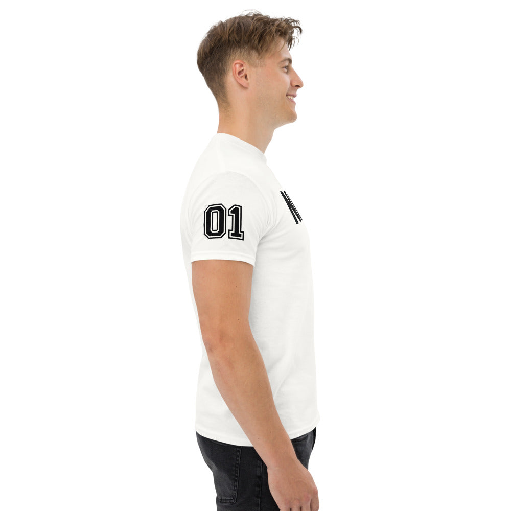 Man wearing a white t-shirt with black text and design on a white background