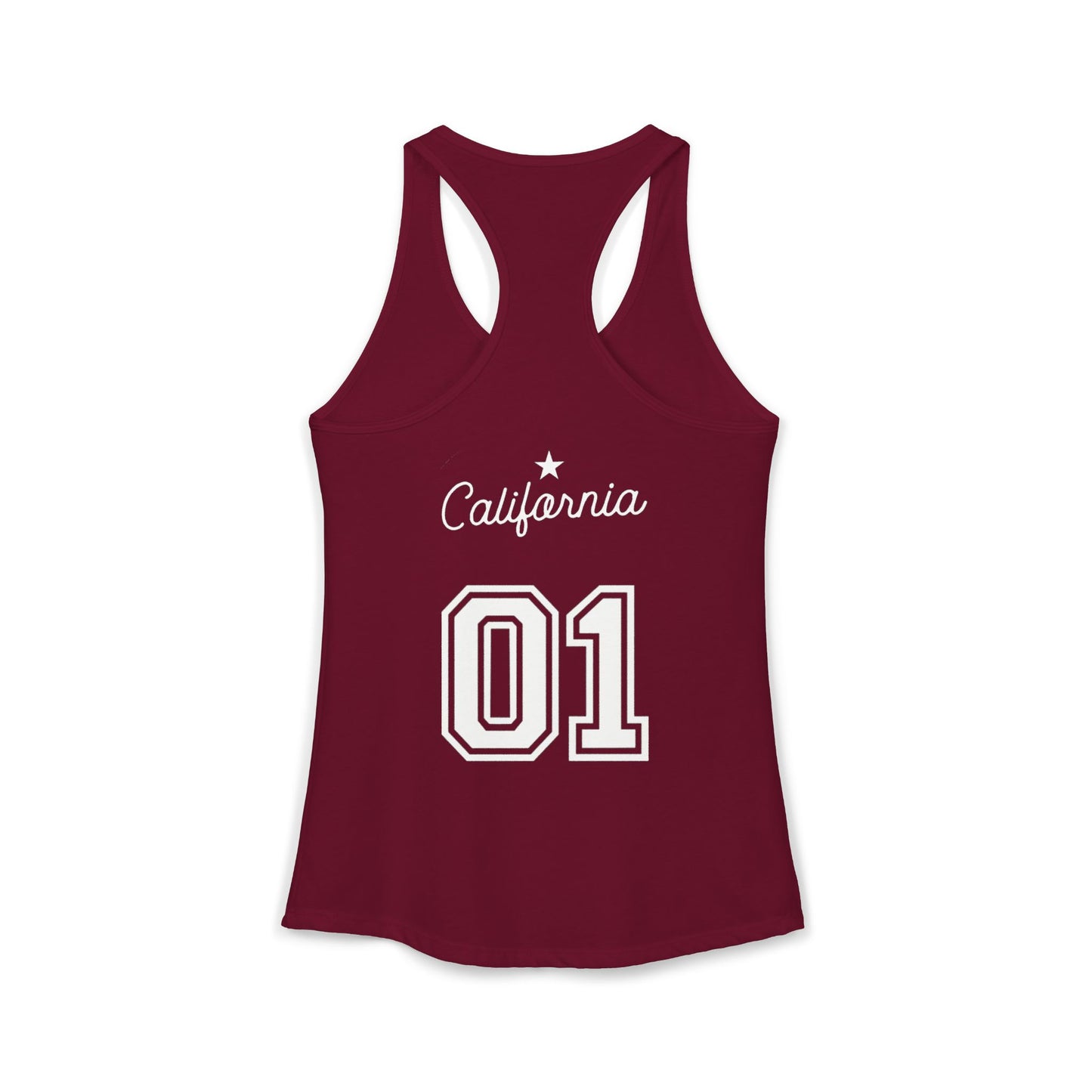Maroon tank top with 'California 01' text on a white background