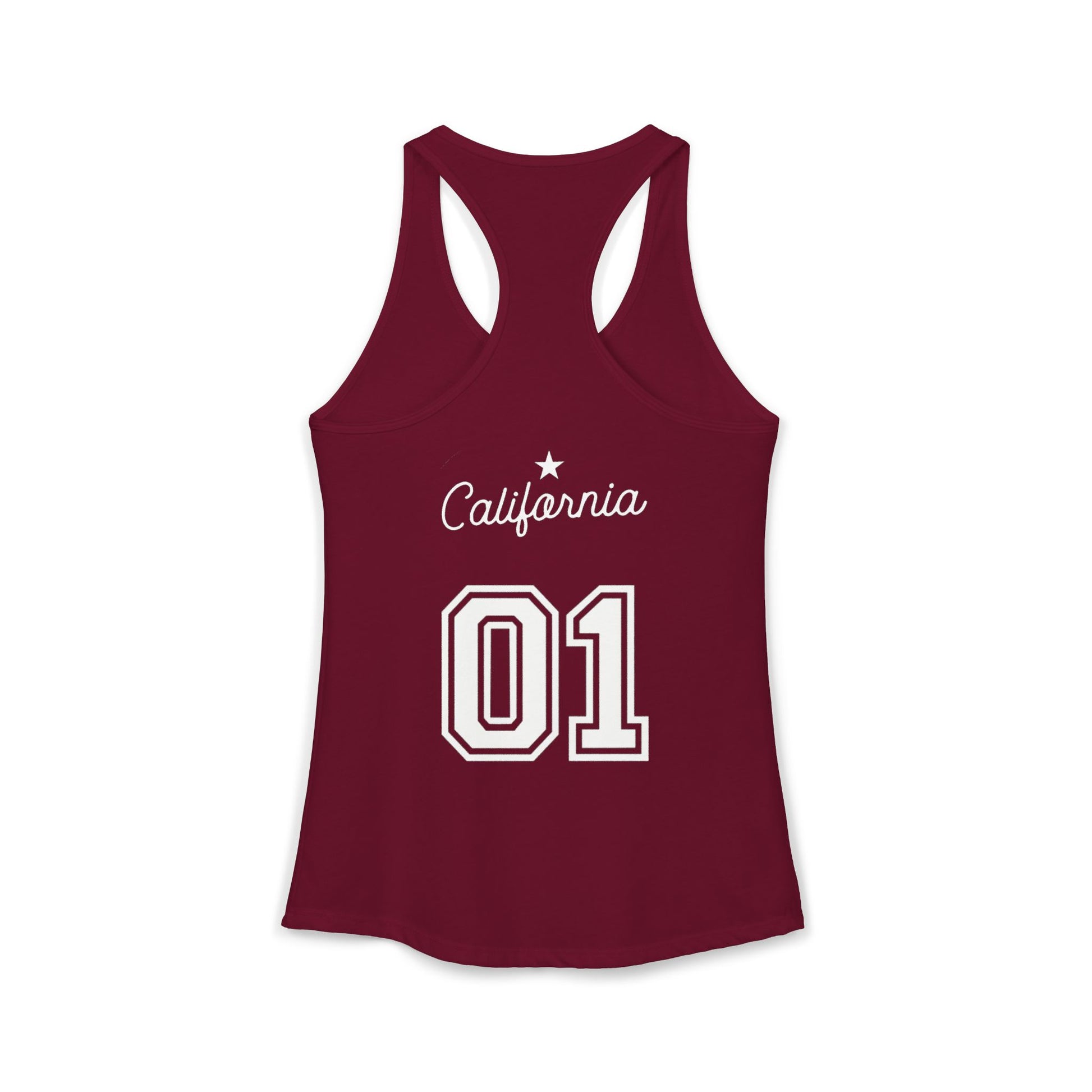 Maroon tank top with 'California 01' text on a white background
