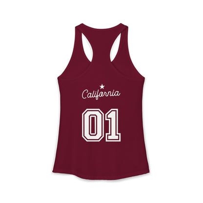 Maroon tank top with 'California 01' text on a white background
