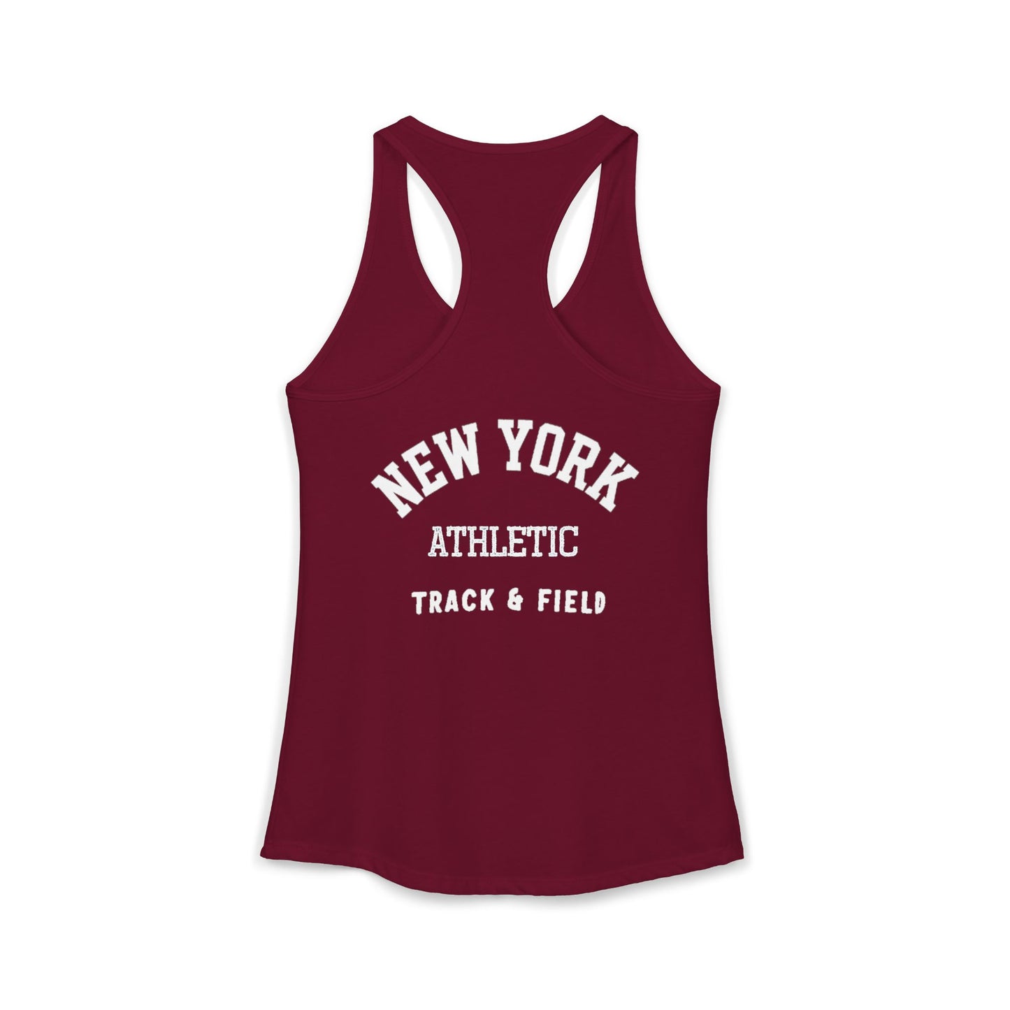 Maroon tank top with 'New York Athletic Track & Field' text on a white background