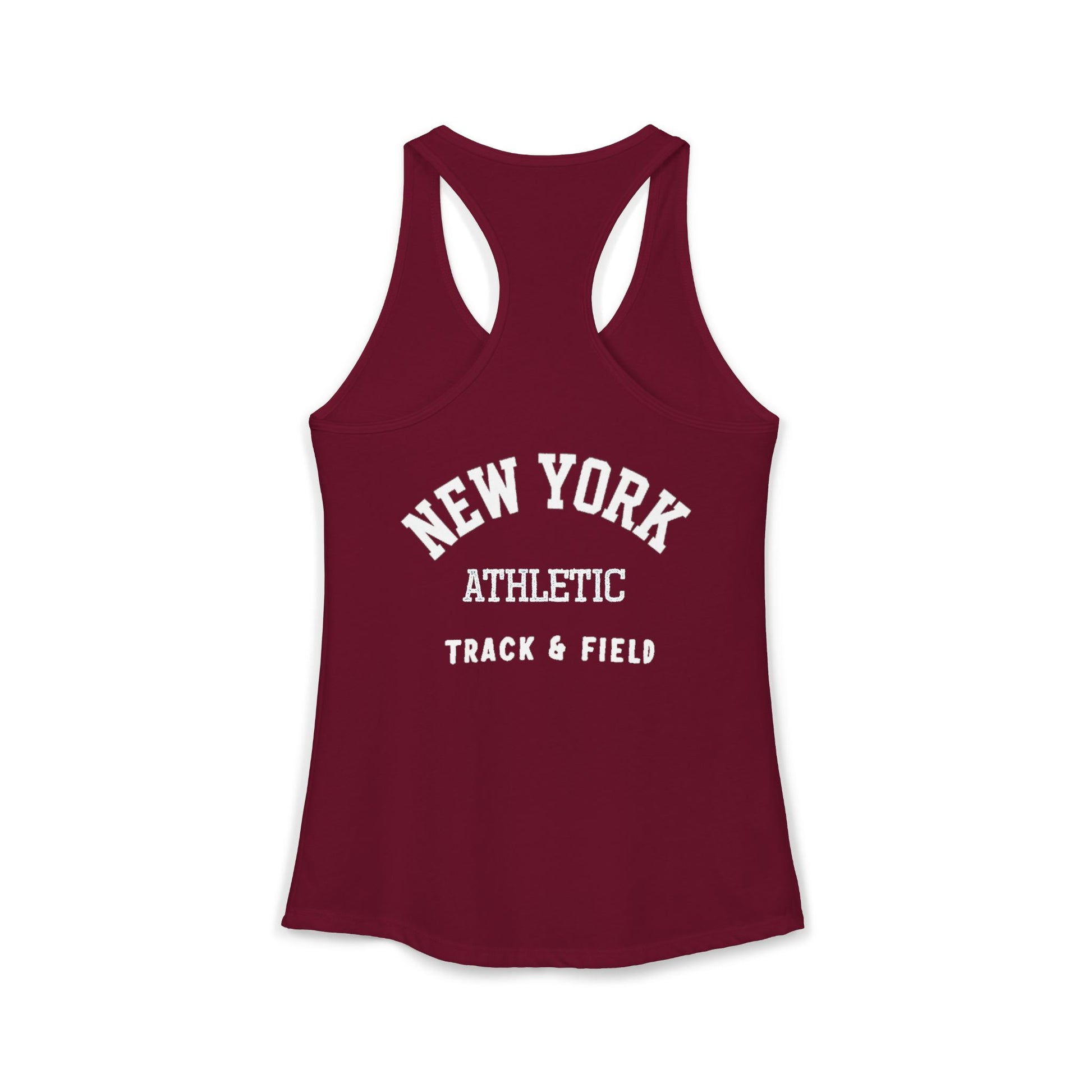 Maroon tank top with 'New York Athletic Track & Field' text on a white background