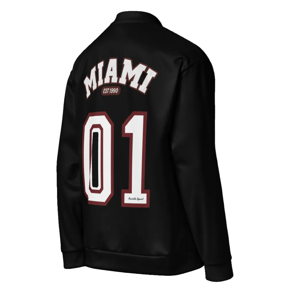 Black jacket with 'MIAMI 01' text on the back against a white background