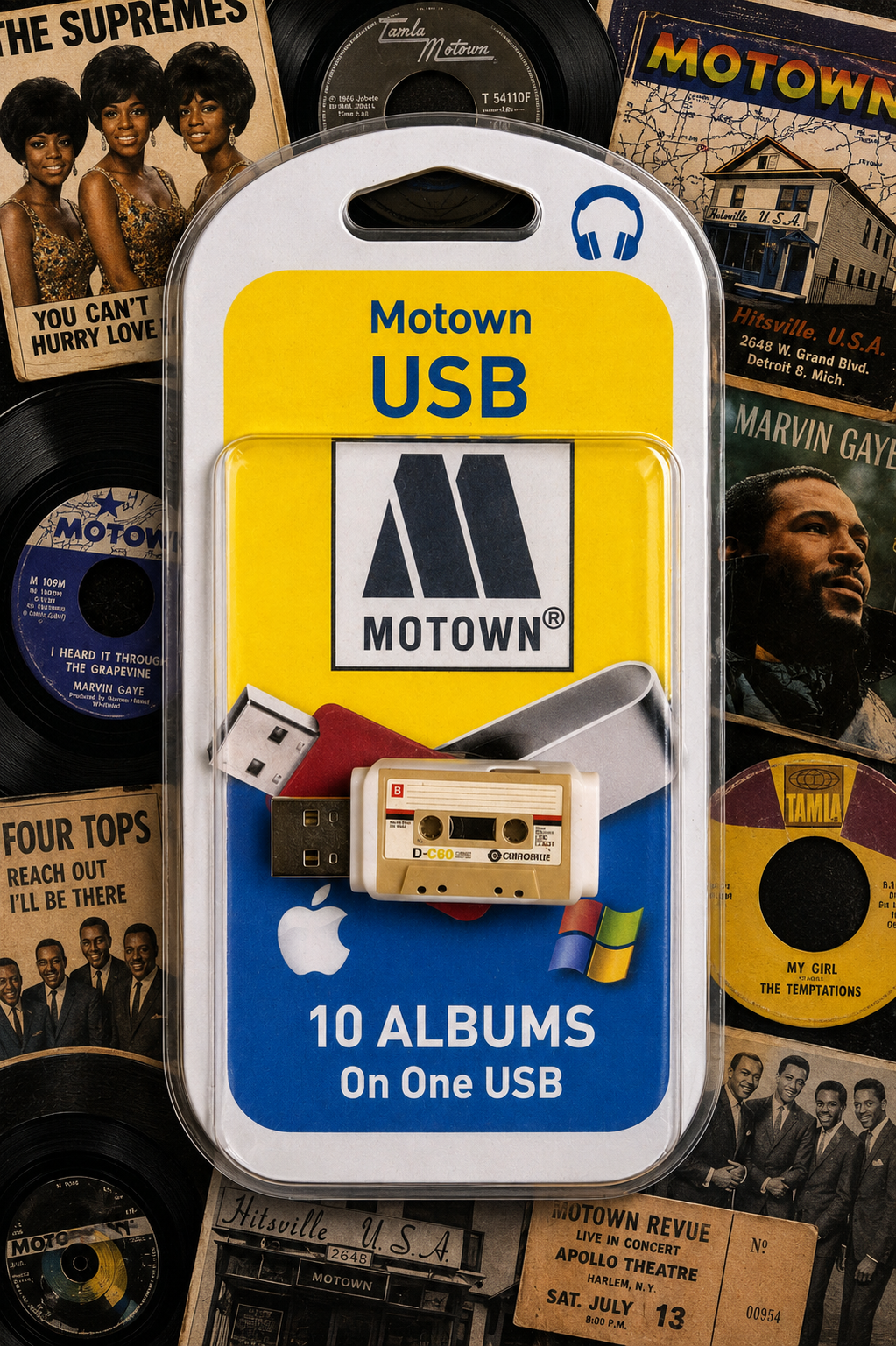 Motown USB flash drive packaged in a retro-style blister card that says 'Motown USB' and '10 Albums On One USB,' with a cassette tape and vinyl records in the background.