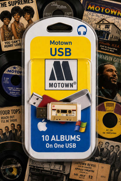 Motown USB flash drive packaged in a retro-style blister card that says 'Motown USB' and '10 Albums On One USB,' with a cassette tape and vinyl records in the background.