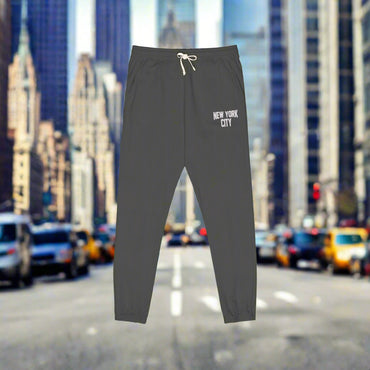 Dark gray sweatpants with 'New York City' text on a white background