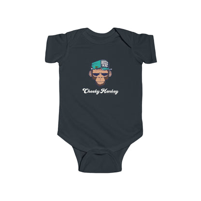 Navy blue baby onesie with monkey graphic and text on a white background
