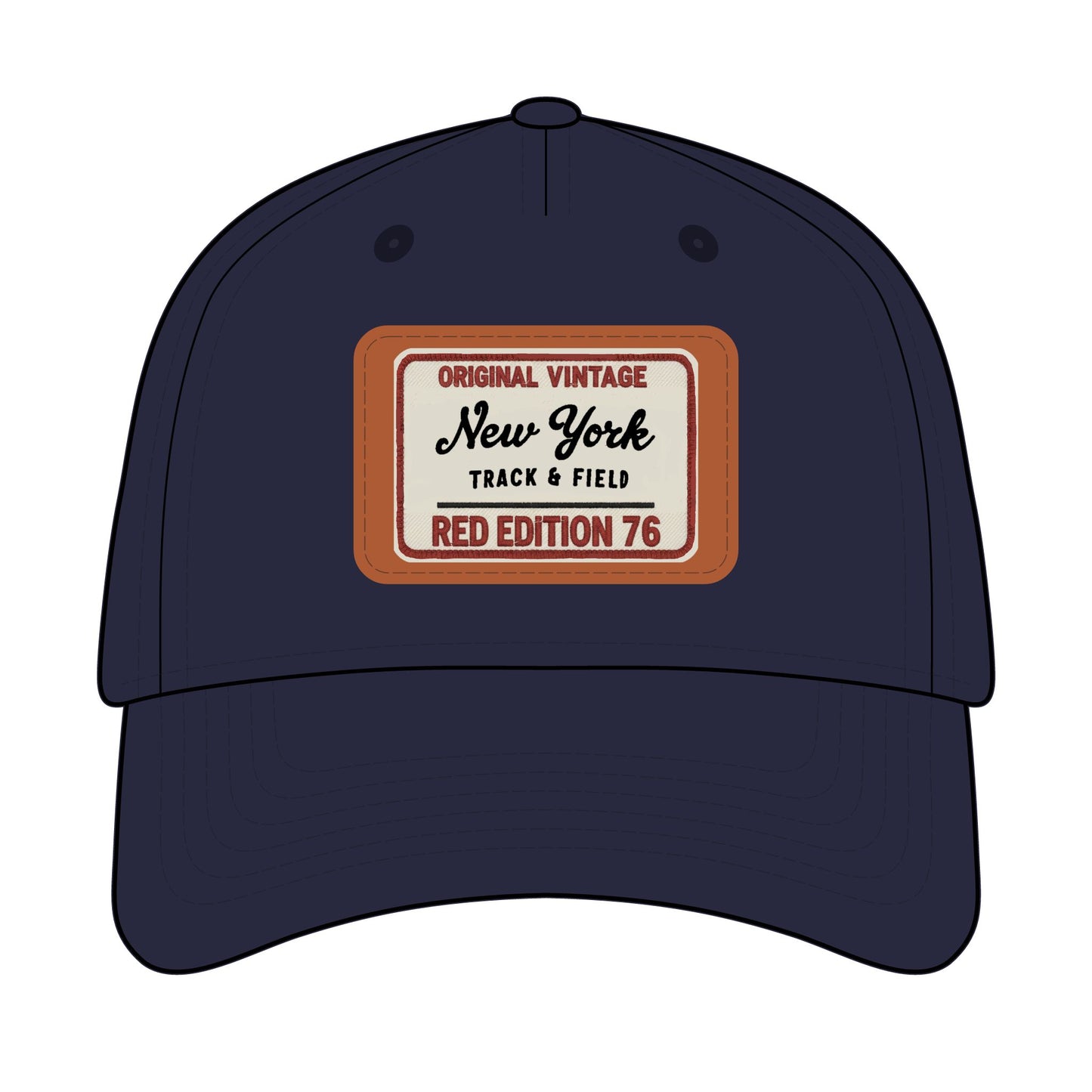 Navy blue cap with a vintage-style label on a white background