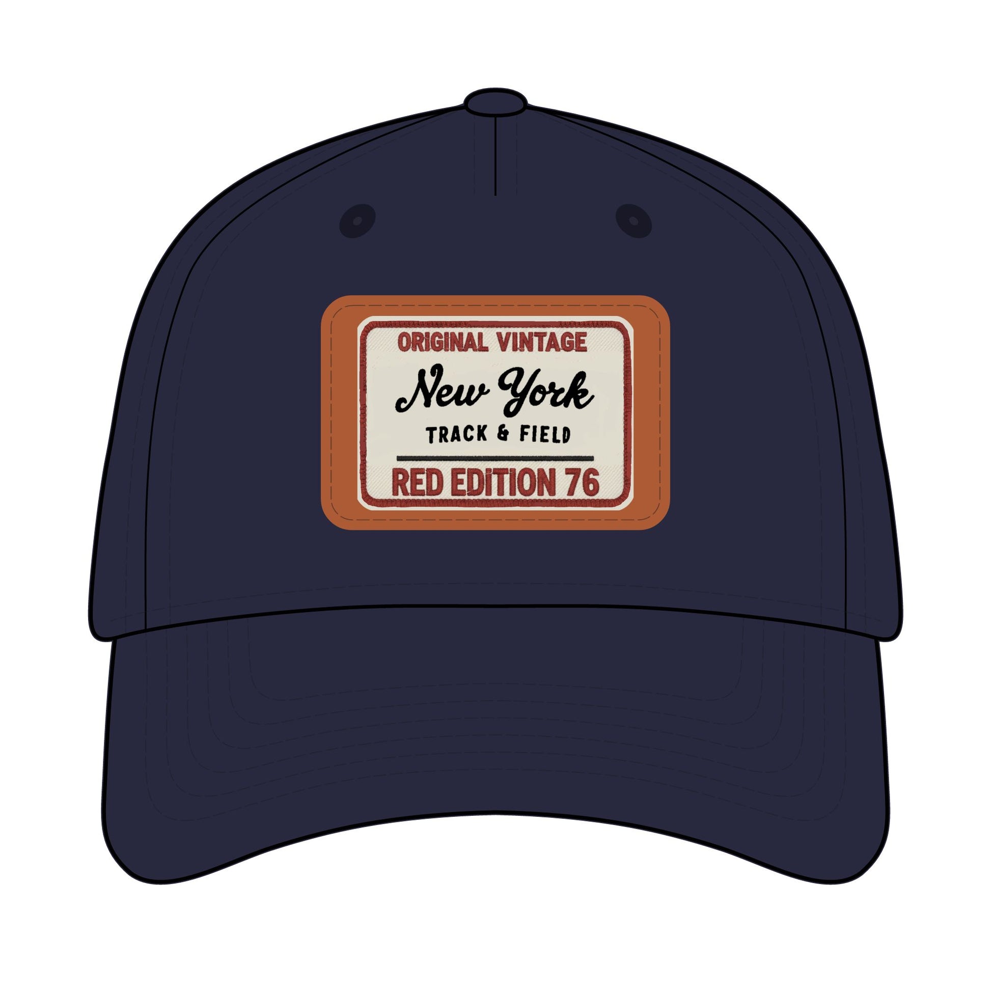 Navy blue cap with a vintage-style label on a white background
