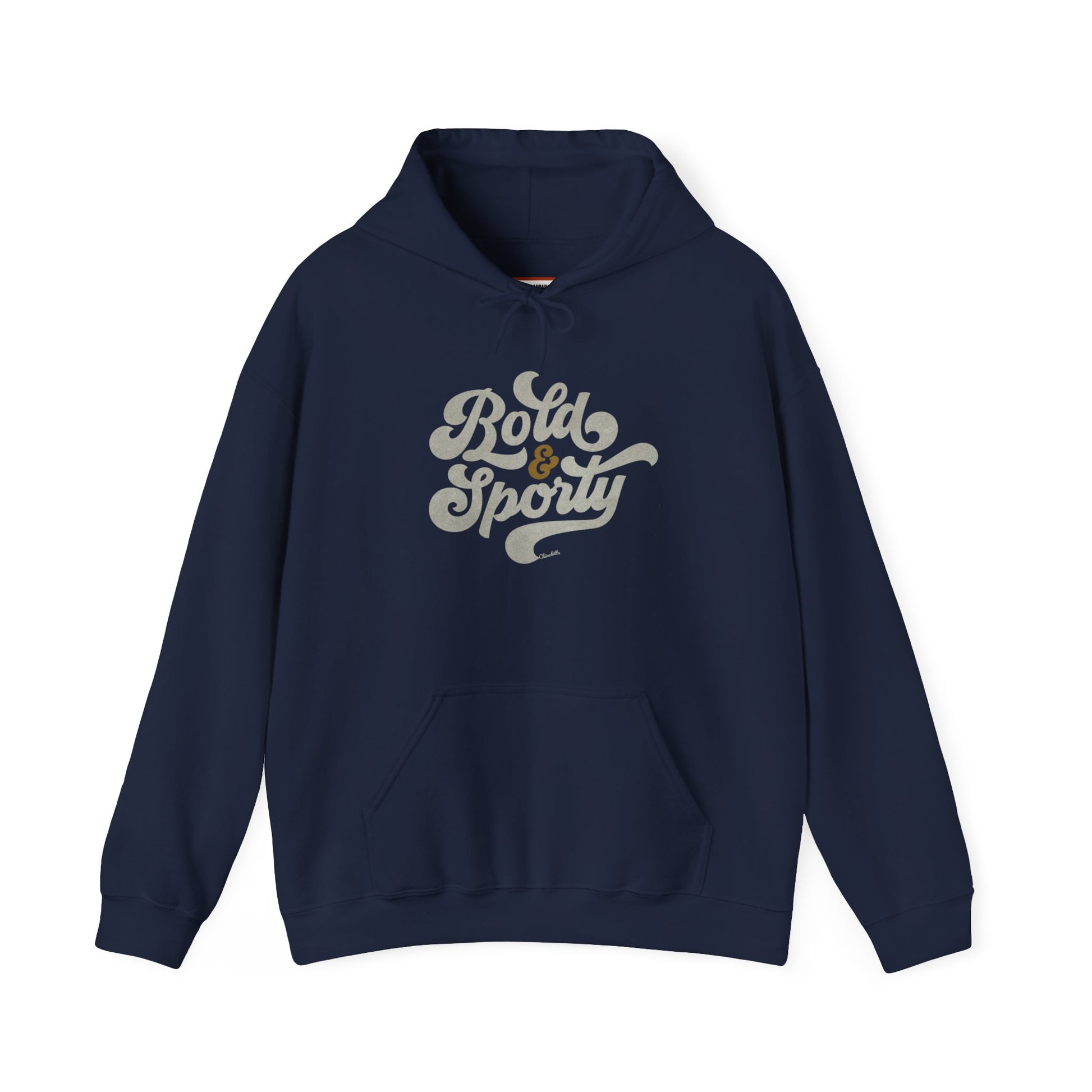 Navy blue hoodie with 'Bold & Sporty' text on a white background