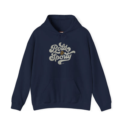 Navy blue hoodie with 'Bold & Sporty' text on a white background
