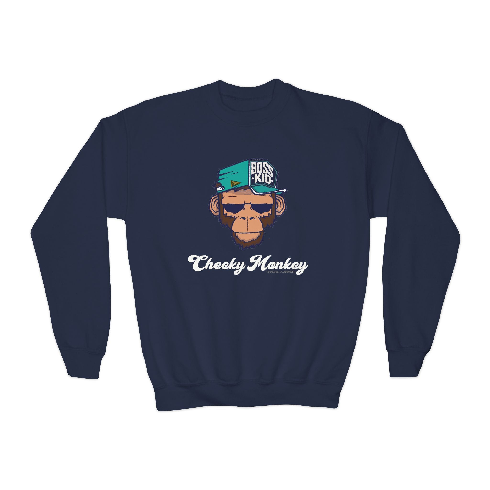Navy blue sweatshirt with monkey graphic and text on a white background