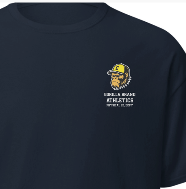 Navy blue t-shirt with a gorilla logo and text on a white background