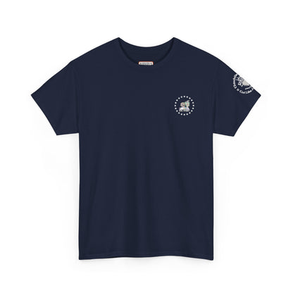 Navy blue t-shirt with a logo on the chest and another on the sleeve against a white background