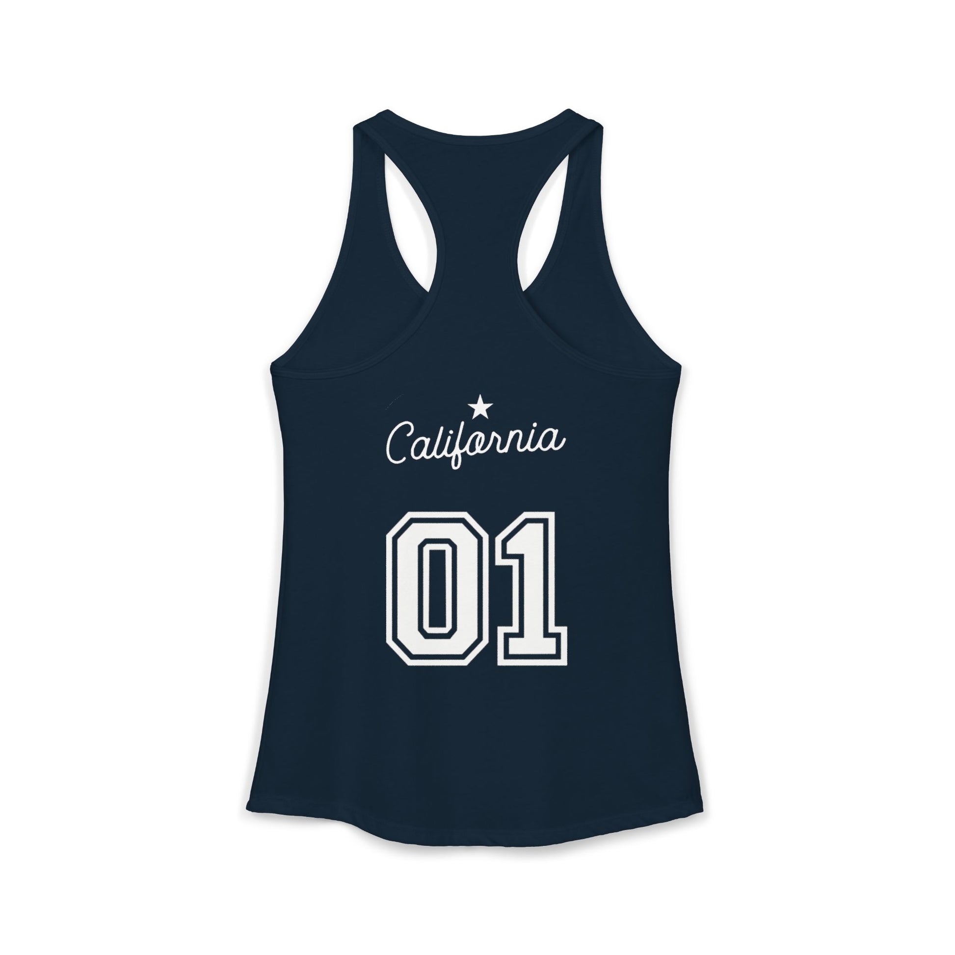 Navy blue tank top with 'California 01' text on a white background