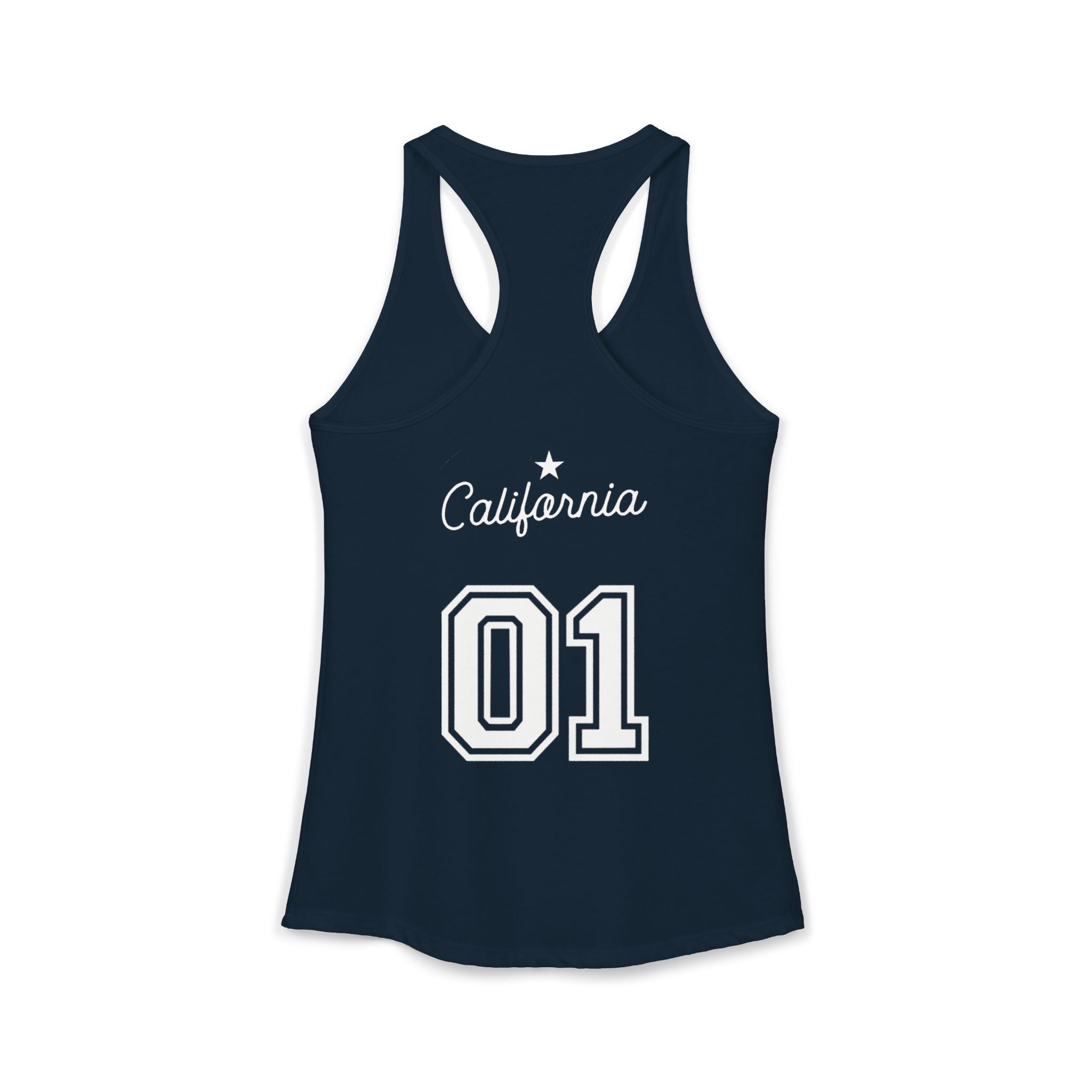 Navy blue tank top with 'California 01' text on a white background
