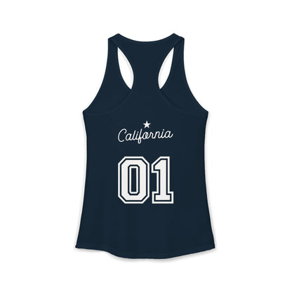 Navy blue tank top with 'California 01' text on a white background