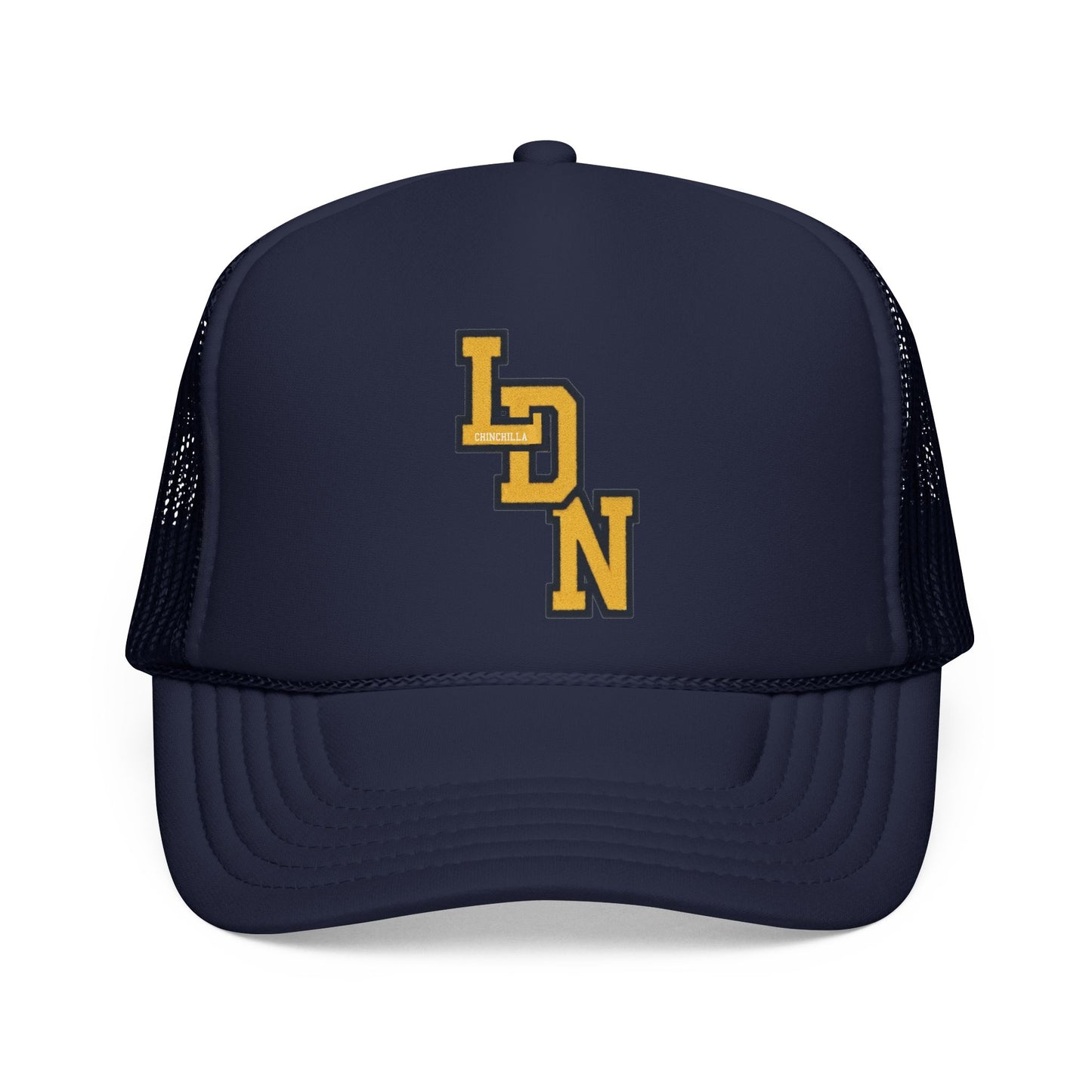 Navy blue trucker cap with yellow logo on a white background