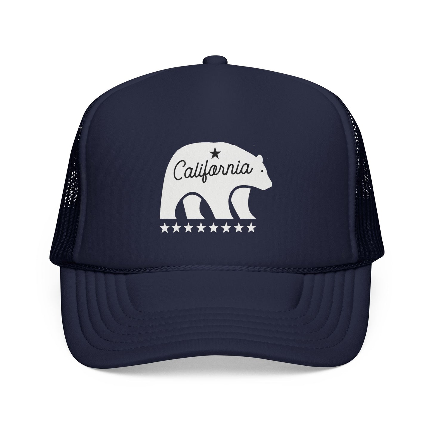 Navy blue trucker hat with white bear graphic and 'California' text on a white background