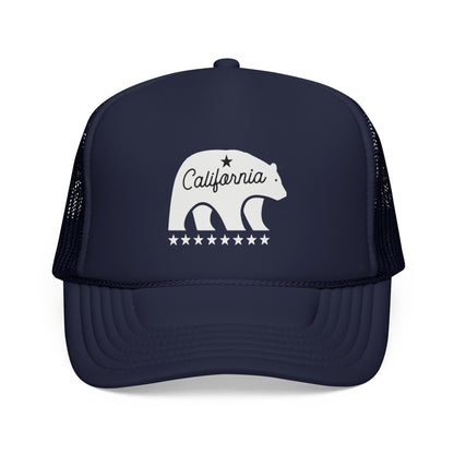 Navy blue trucker hat with white bear graphic and 'California' text on a white background