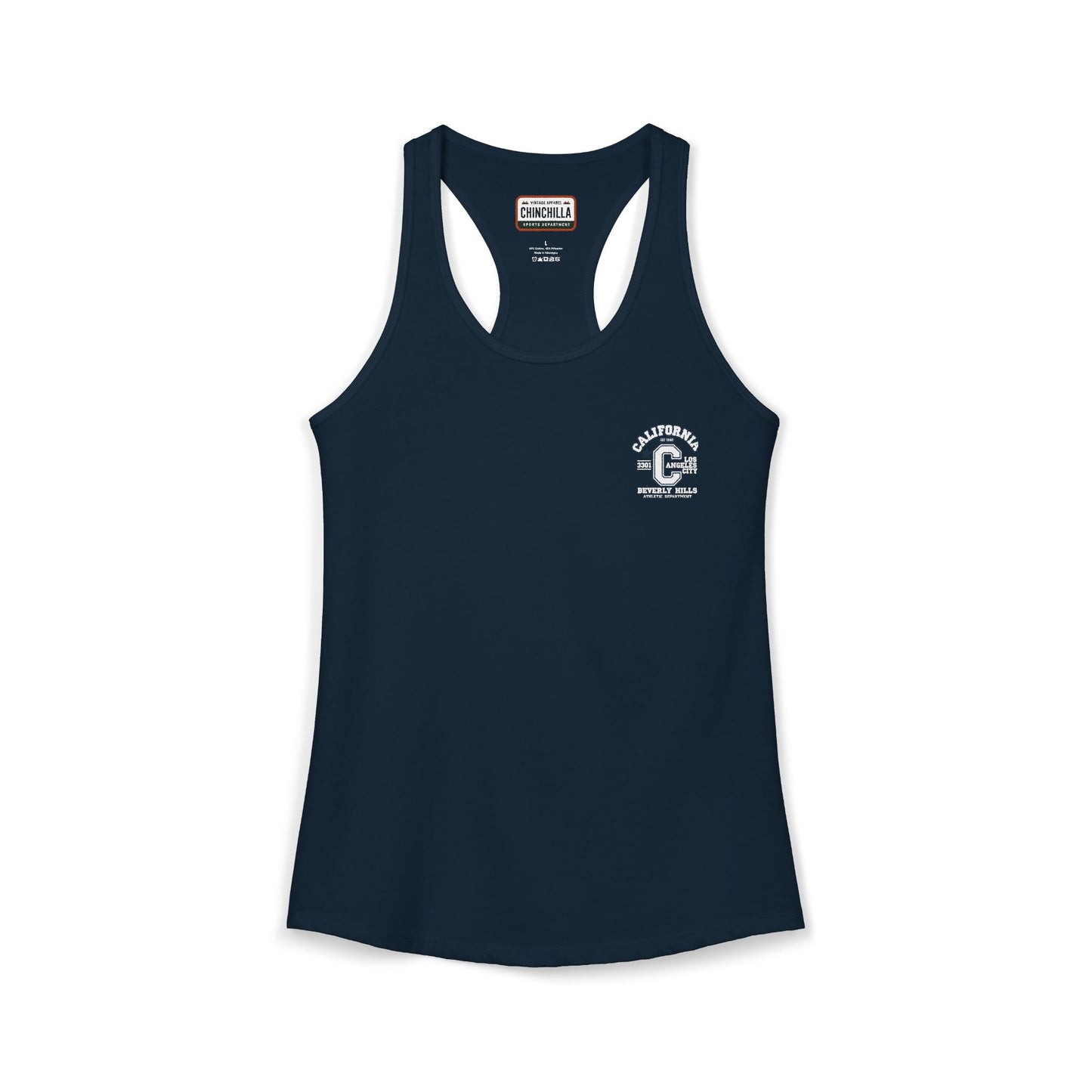 Navy tank top with a logo on a white background