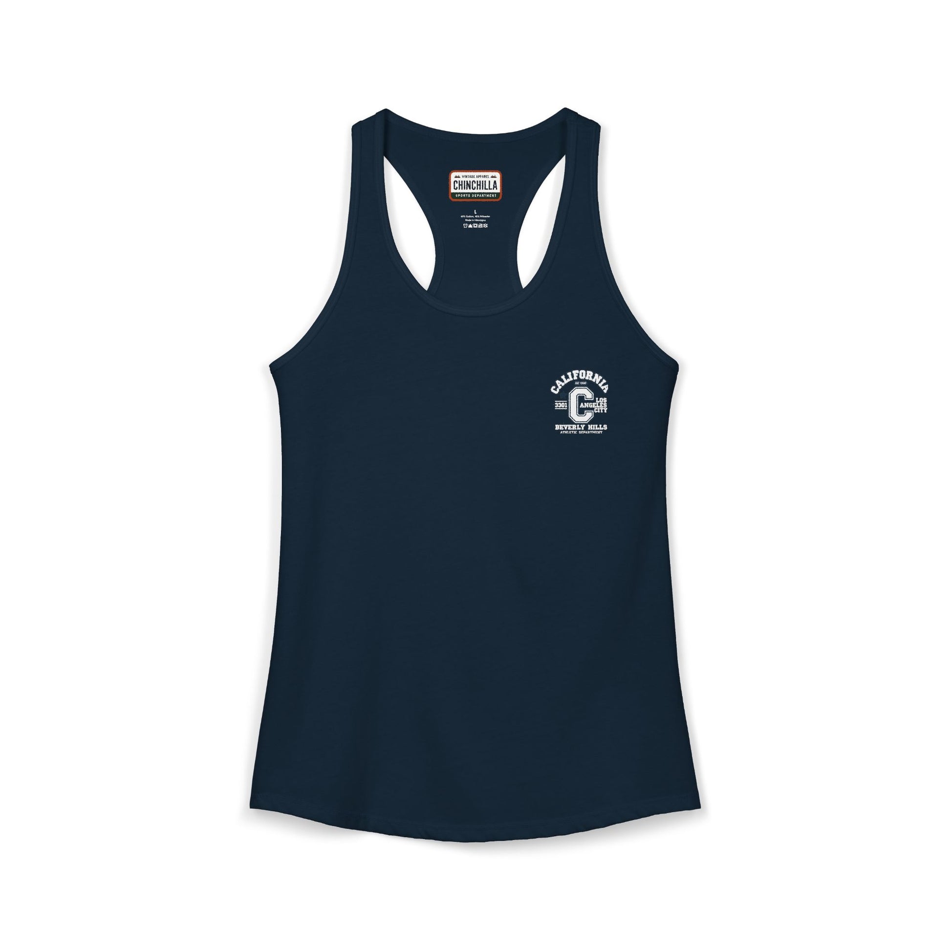 Navy tank top with a logo on a white background