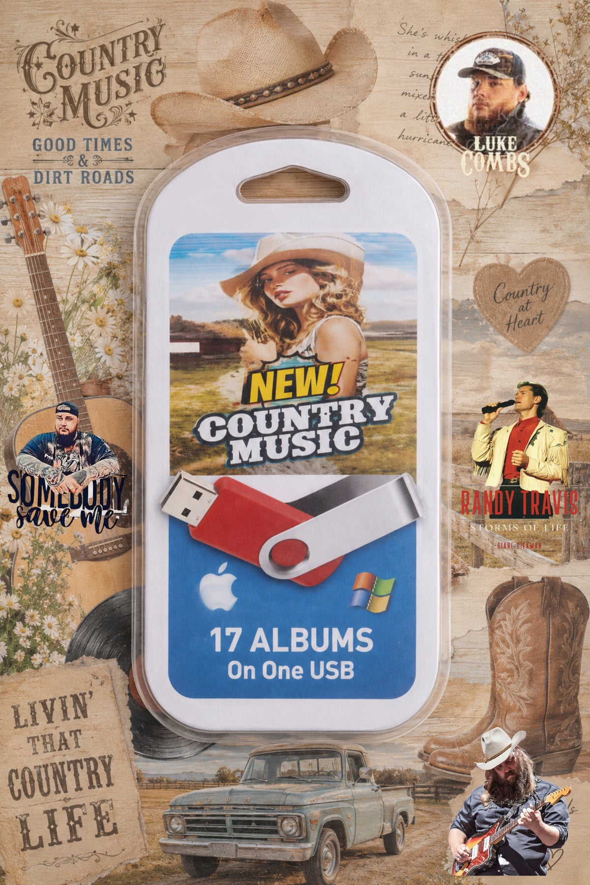 A USB flash drive labeled 'NEW! COUNTRY MUSIC' with a red and silver swivel design, shown in its retail blister packaging. The package features western-themed graphics including a cowboy hat, boots, a vintage car, a guitar, and country music imagery, with text reading '17 ALBUMS On One USB'.