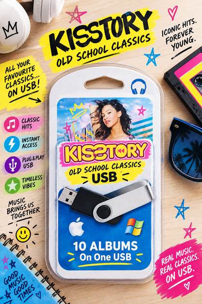 Kisstory Old School Classics USB package containing 10 albums on one USB flash drive, displayed on a wooden background with retro music-themed doodles and props.