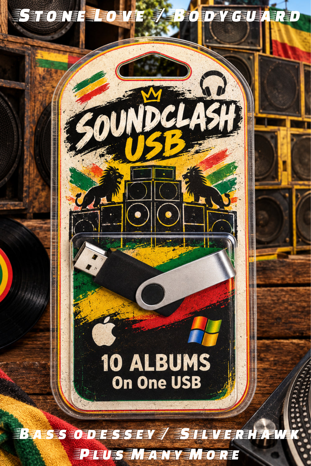 A USB flash drive in retail packaging, featuring a black and silver swivel drive with a colorful printed card. The card reads 'Soundclash USB', '10 Albums On One USB', and shows Rastafarian-inspired red, yellow, and green graphics with lion and speaker illustrations.