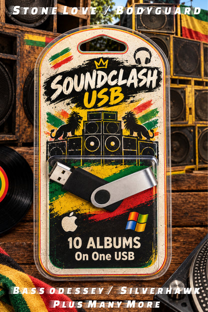 A USB flash drive in retail packaging, featuring a black and silver swivel drive with a colorful printed card. The card reads 'Soundclash USB', '10 Albums On One USB', and shows Rastafarian-inspired red, yellow, and green graphics with lion and speaker illustrations.