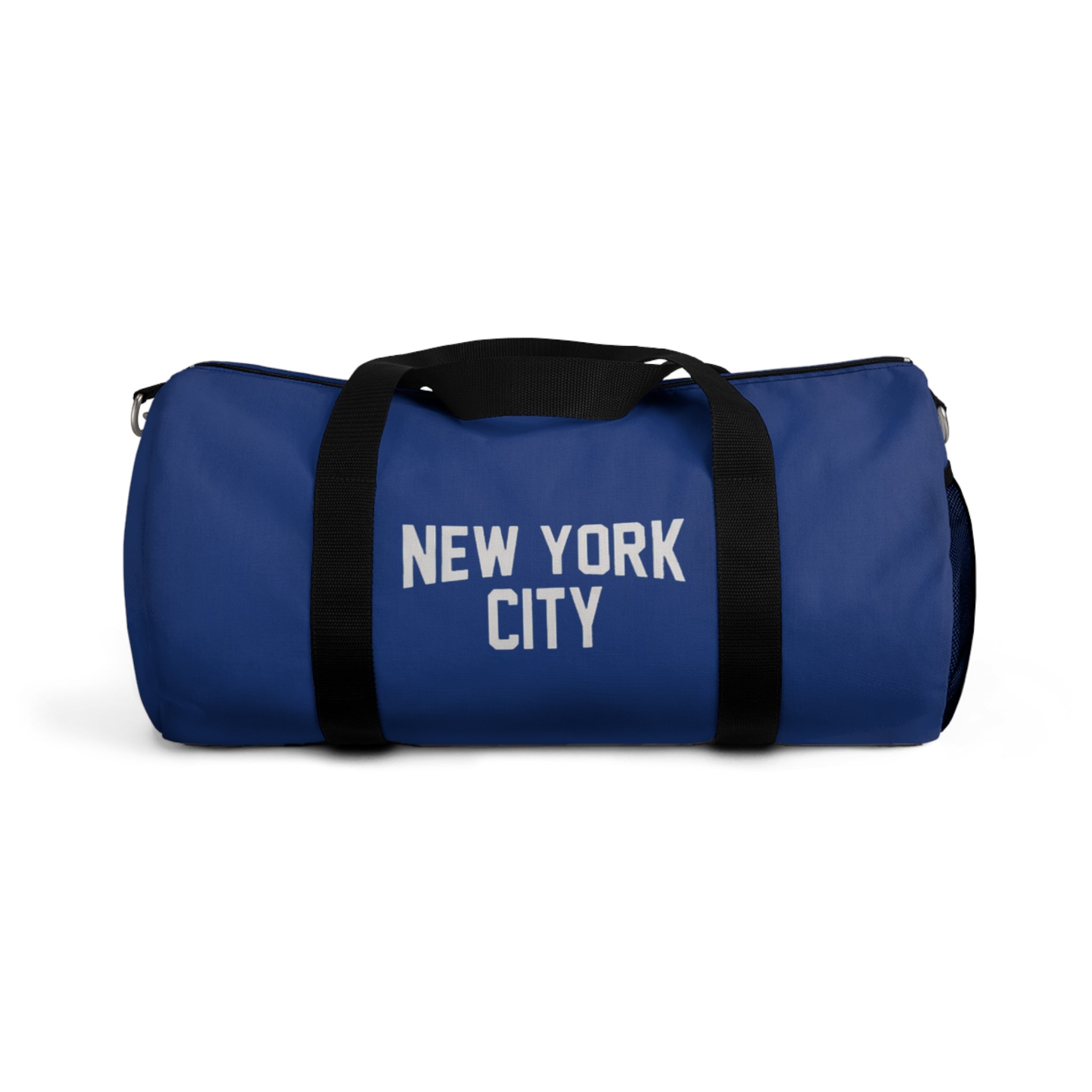 Blue duffel bag with 'New York City' text on a white background