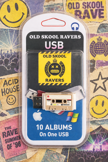 A packaged USB drive labeled 'Old Skool Ravers USB' with a cassette tape graphic and text reading '10 Albums On One USB.' The product is shown in clear blister packaging against a collage background with smiley faces and music-themed graphics.