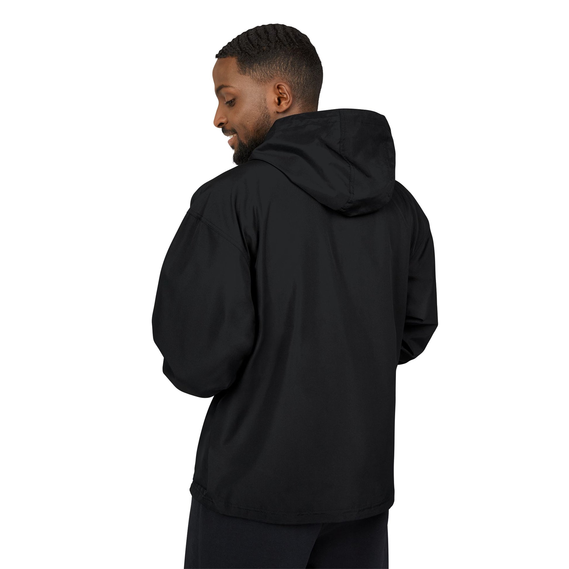Person wearing a black hoodie from behind on a white background