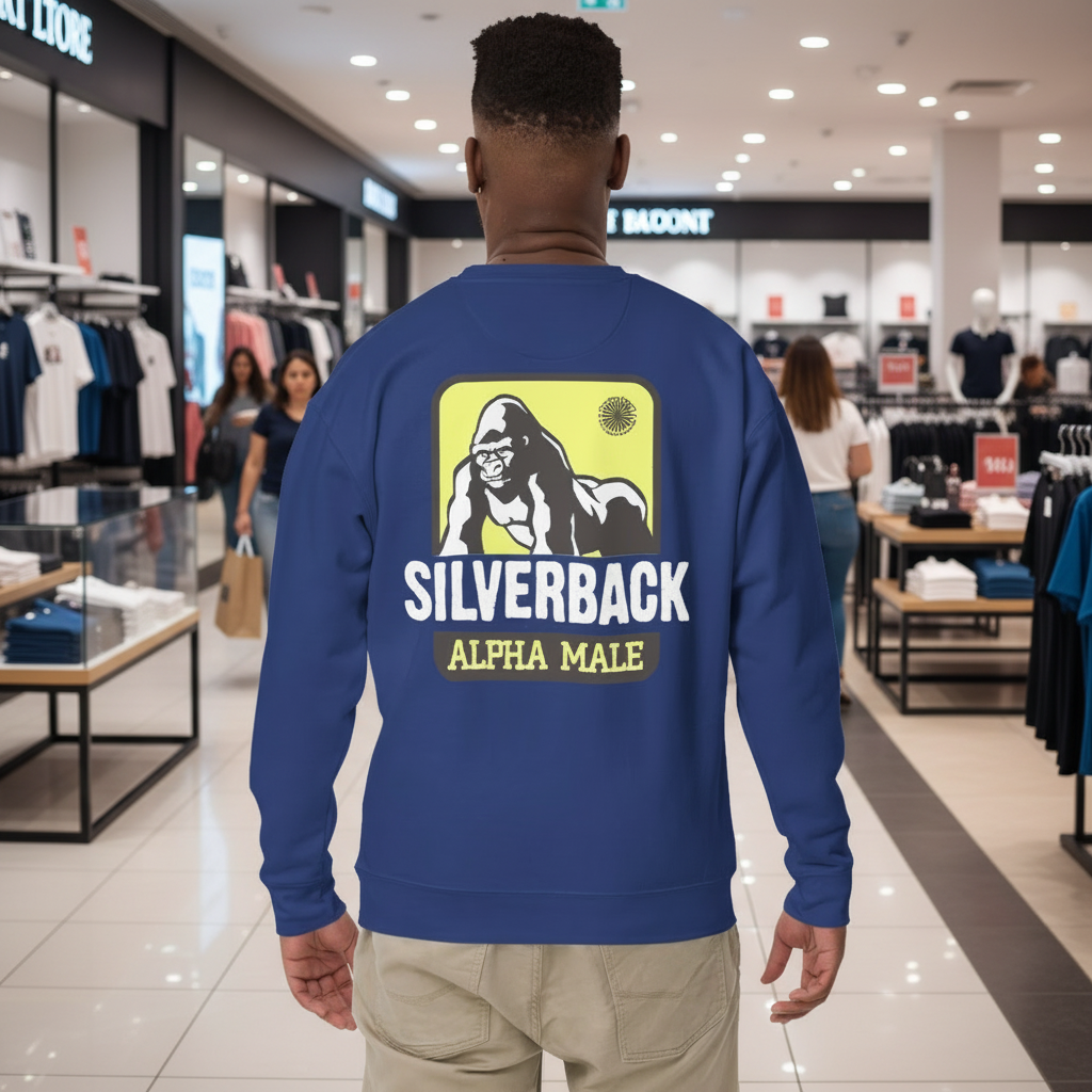 Person wearing a blue sweatshirt with 'Silverback Alpha Male' graphic on the back