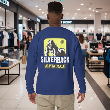 Person wearing a blue sweatshirt with 'Silverback Alpha Male' graphic on the back
