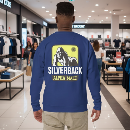 Person wearing a blue sweatshirt with 'Silverback Alpha Male' graphic on the back