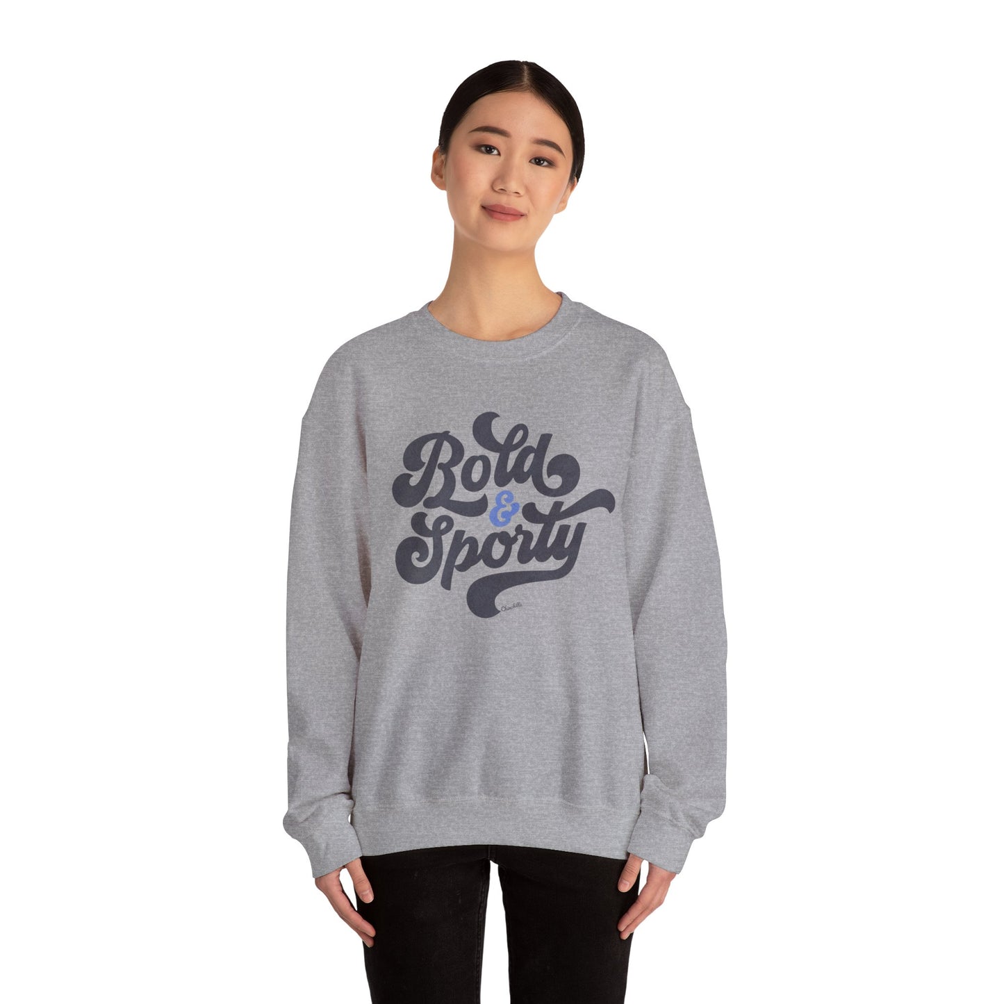 Person wearing a gray sweatshirt with 'Bold & Sporty' text on a white background