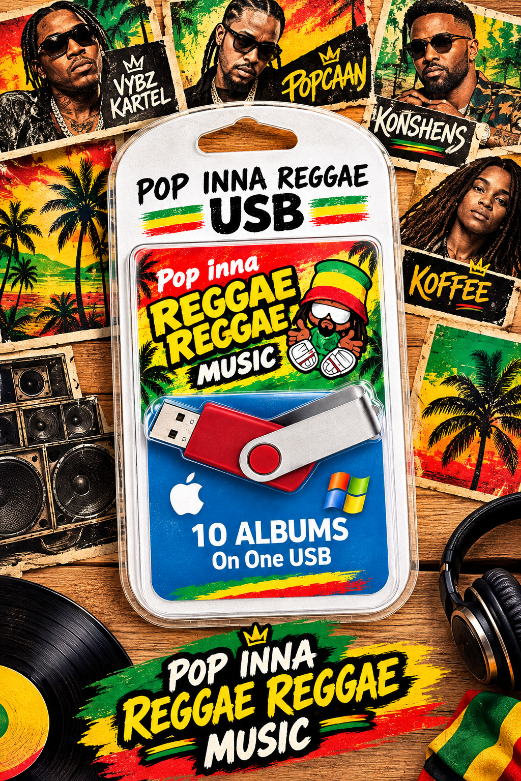 A packaged USB flash drive labeled 'Pop Inna Reggae Music' with a red and silver swivel drive visible inside a clear blister pack. The package sits on a wood surface surrounded by album-art cards, speakers, headphones, and vinyl records, with text including '10 Albums On One USB' and 'Pop Inna Reggae Music.