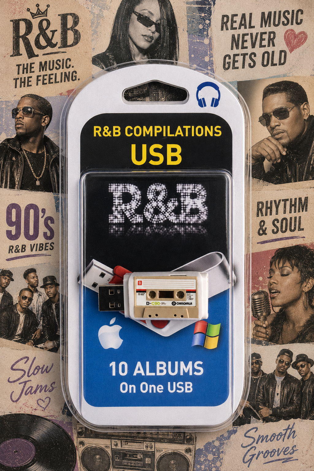 R&B Compilations USB 10 Albums On One USB in retail packaging, featuring a cassette tape graphic and Apple and Windows logos, set against a collage background of R&B music posters.