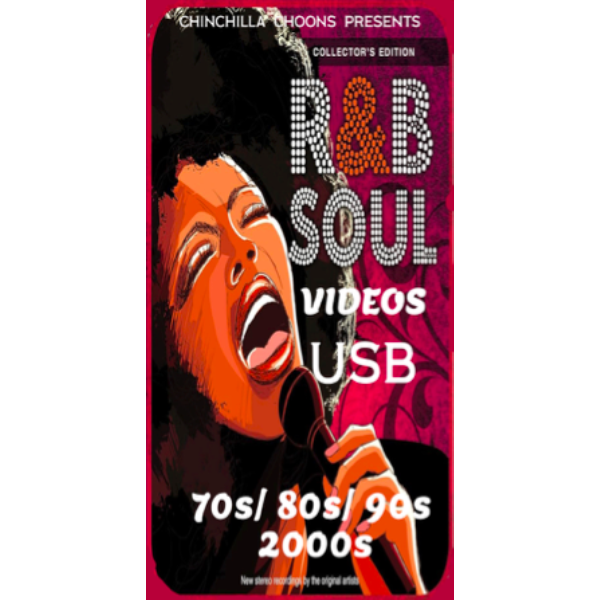 A promotional image for an R&B and Soul music videos USB collection edition by CHINCHILLA CHOONS, featuring a graphic of a female singer with a microphone and text that lists the decades and artists included in the collection.