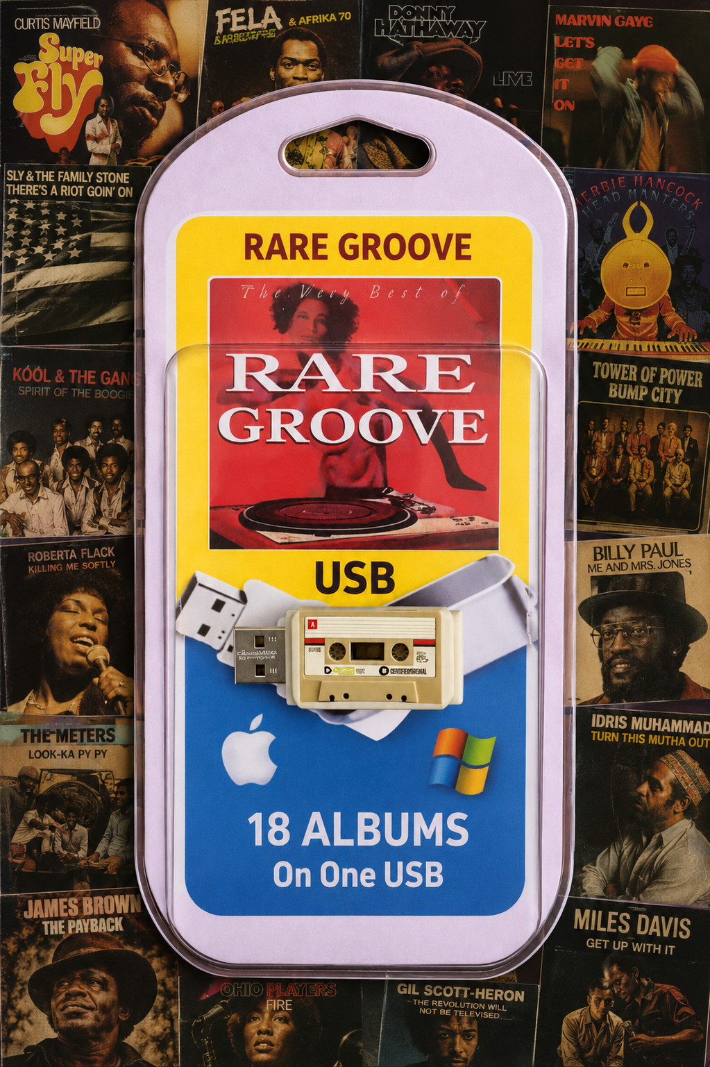 A USB flash drive case labeled 'Rare Groove' with '18 Albums On One USB,' shown against a collage background of album covers. The package includes a cassette graphic and icons for Windows and Apple, and the USB connector is visible through a cutout.