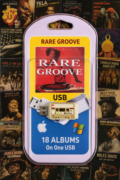 A USB flash drive case labeled 'Rare Groove' with '18 Albums On One USB,' shown against a collage background of album covers. The package includes a cassette graphic and icons for Windows and Apple, and the USB connector is visible through a cutout.