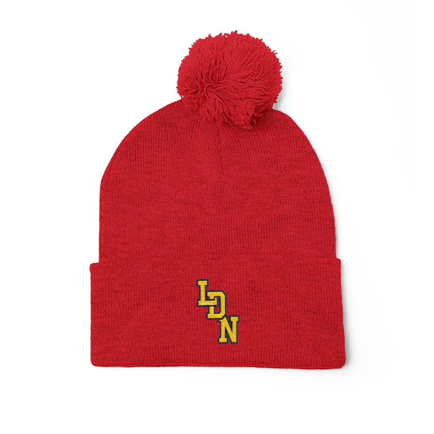 Red beanie with a pom-pom and 'LDN' logo on a white background