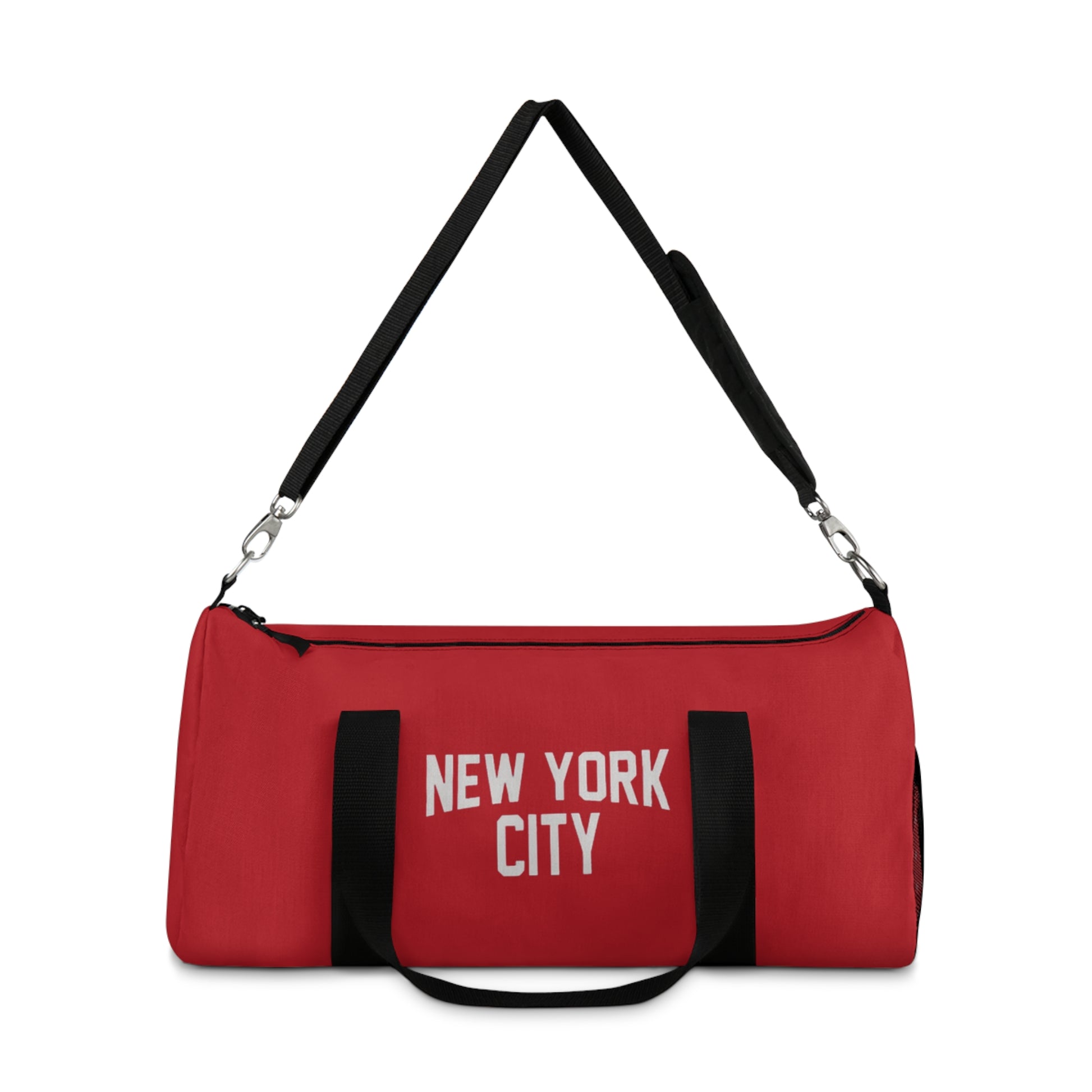 Red duffel bag with 'New York City' text on a white background